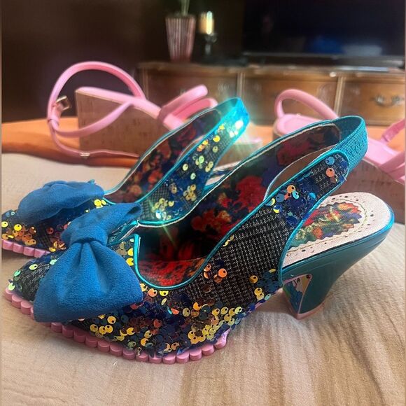 🌸 IRREGULAR CHOICE Blue sequin bow game over pointy sling back heel shoes size 7 - Picture 2 of 6